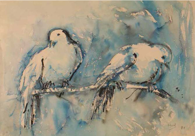 Les deux colombes (ANIMAUX) - Aquarelle - 48 x 34cm